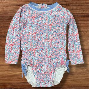 RuffleButts Girls Long Sleeve Rash Guard Swimsuit 2T UPF 50+ Blue Pink Floral